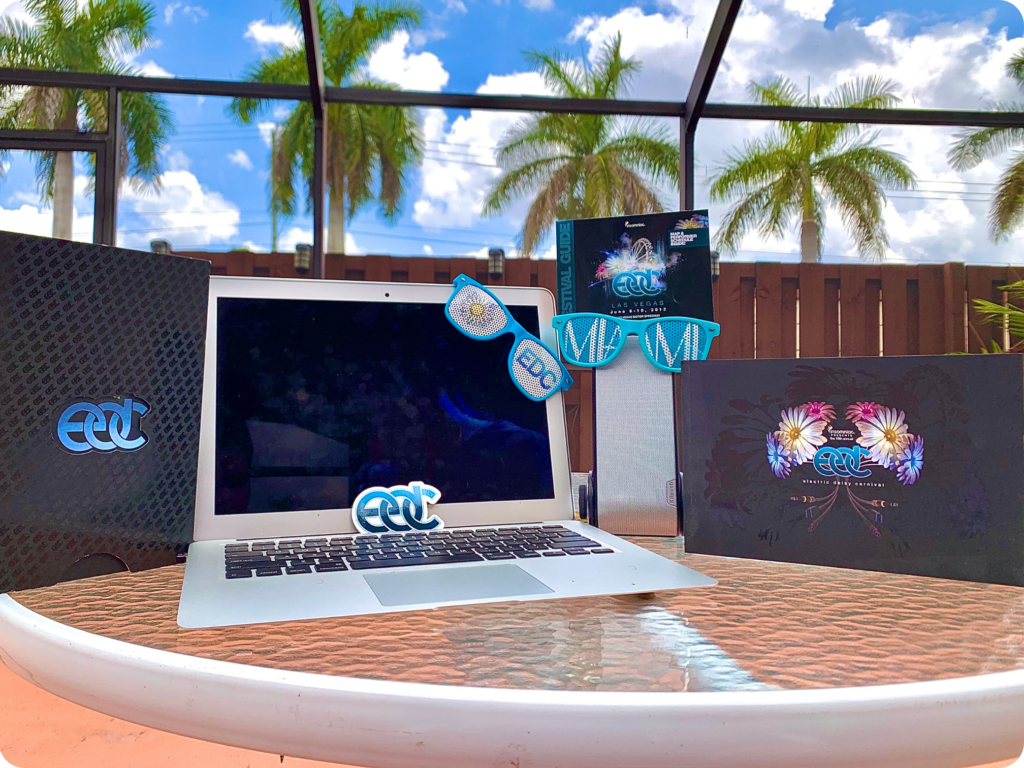 At-home music festival setup with livestream, speakers, snacks, and colorful lighting